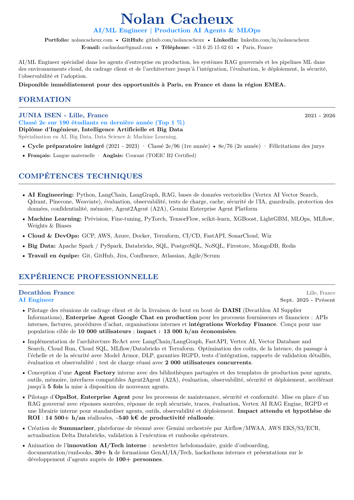 Aperçu du CV de Nolan Cacheux en français · page 1
